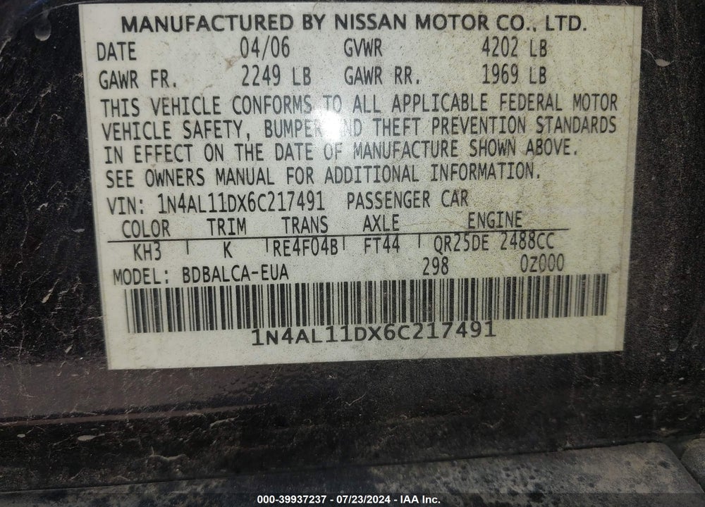 2006 NISSAN ALTIMA 2.5 S VIN: 1N4AL11DX6C217491