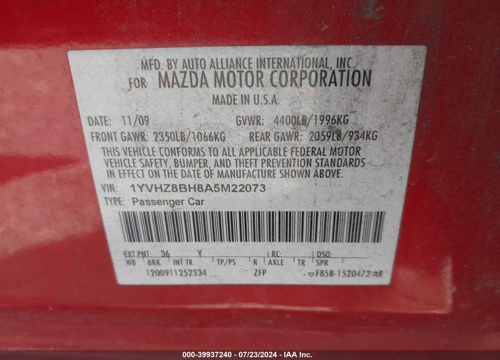 2010 MAZDA 6 I SPORT VIN: 1YVHZ8BH8A5M22073
