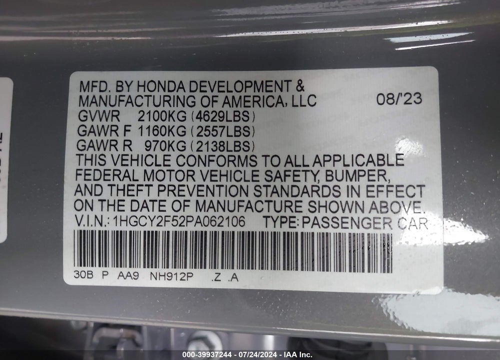 2023 HONDA ACCORD HYBRID SPORT VIN: 1HGCY2F52PA062106