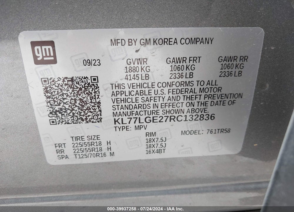 2024 CHEVROLET TRAX VIN: KL77LGE27RC132836