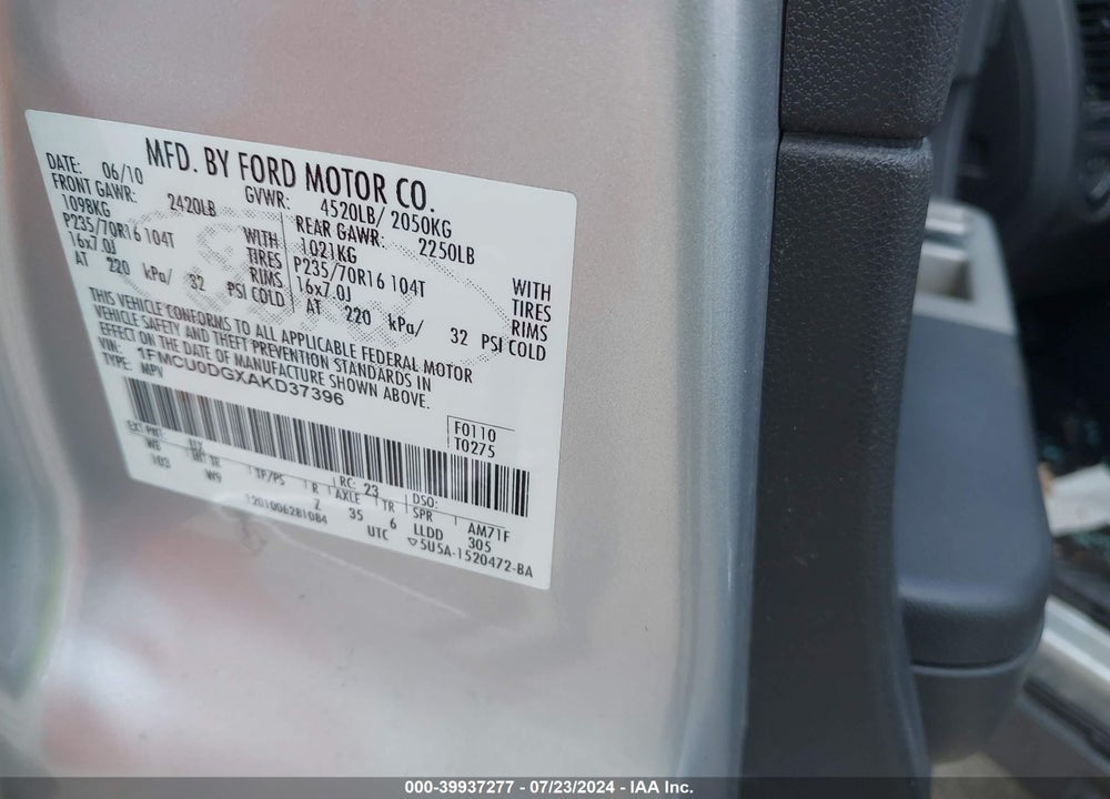 2010 FORD ESCAPE XLT VIN: 1FMCU0DGXAKD37396