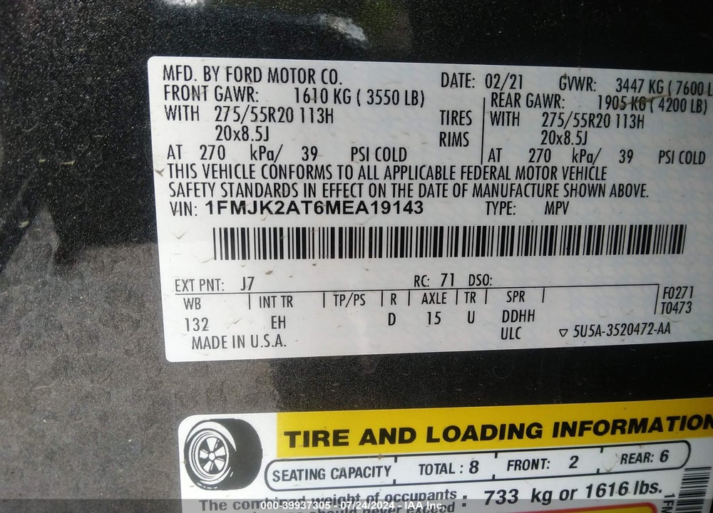 2021 FORD EXPEDITION LIMITED MAX VIN: 1FMJK2AT6MEA19143
