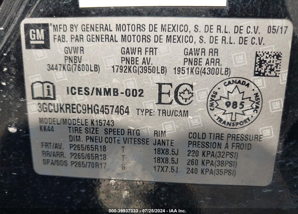 2017 CHEVROLET SILVERADO 1500 1LT/2LT VIN: 3GCUKREC9HG457464
