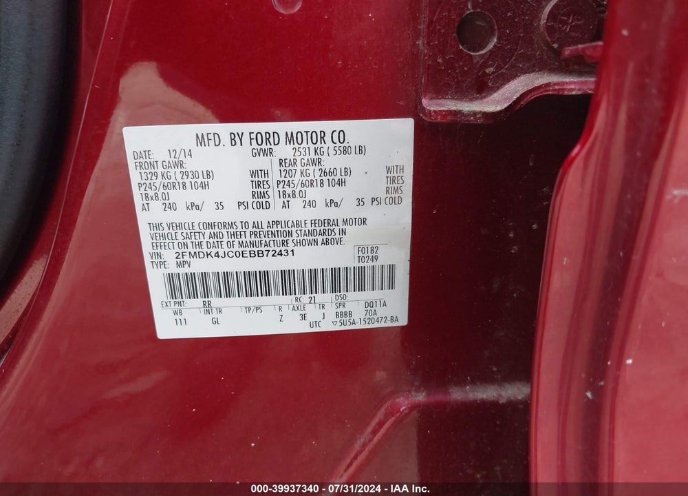 2014 FORD EDGE SEL VIN: 2FMDK4JC0EBB72431