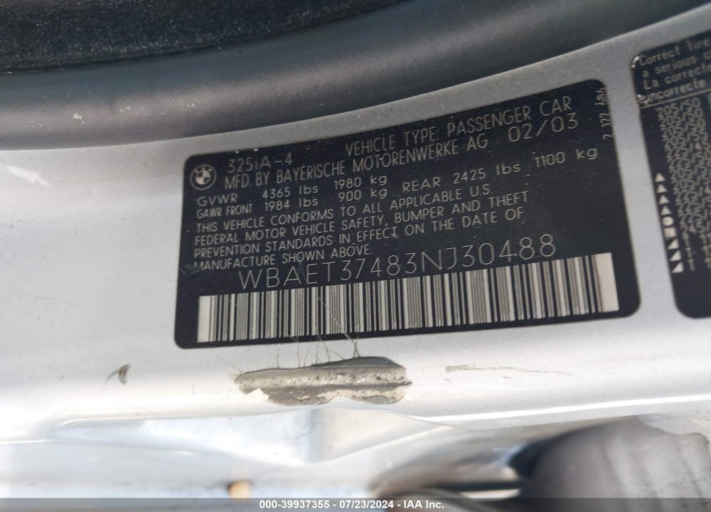 2003 BMW 325I VIN: WBAET37483NJ30488