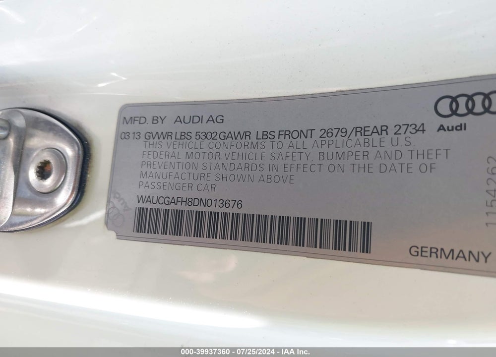2013 AUDI S5 3.0T PREMIUM PLUS VIN: WAUCGAFH8DN013676