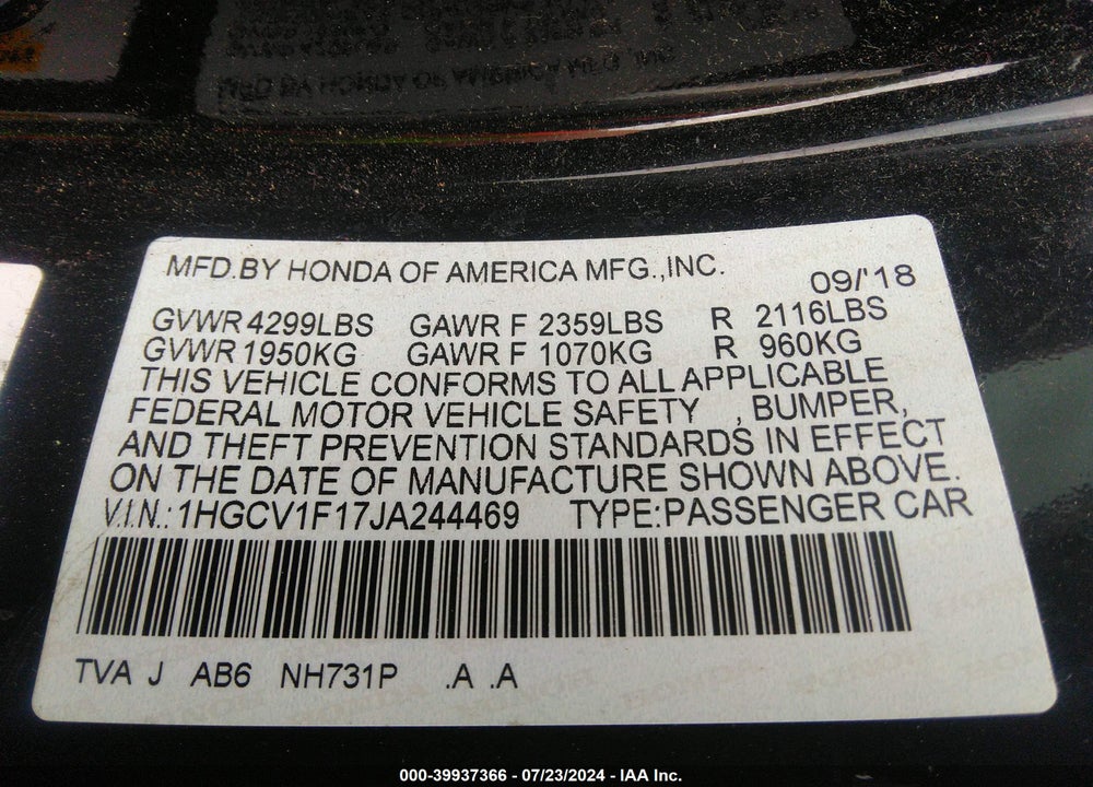 2018 HONDA ACCORD LX VIN: 1HGCV1F17JA244469