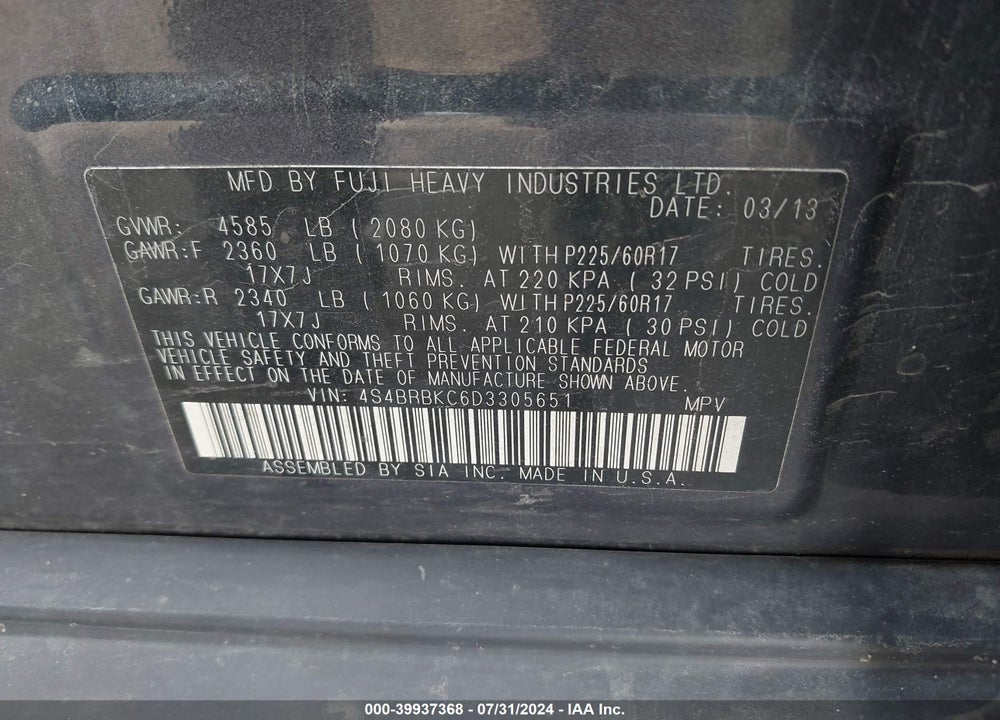 2013 SUBARU OUTBACK 2.5I LIMITED VIN: 4S4BRBKC6D3305651