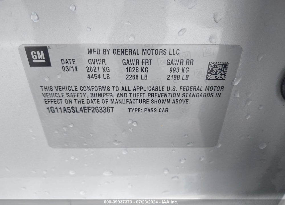 2014 CHEVROLET MALIBU 1FL VIN: 1G11A5SL4EF263367
