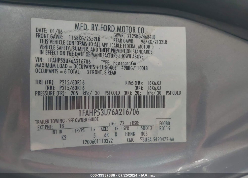 2006 FORD TAURUS SE VIN: 1FAHP53U76A216706
