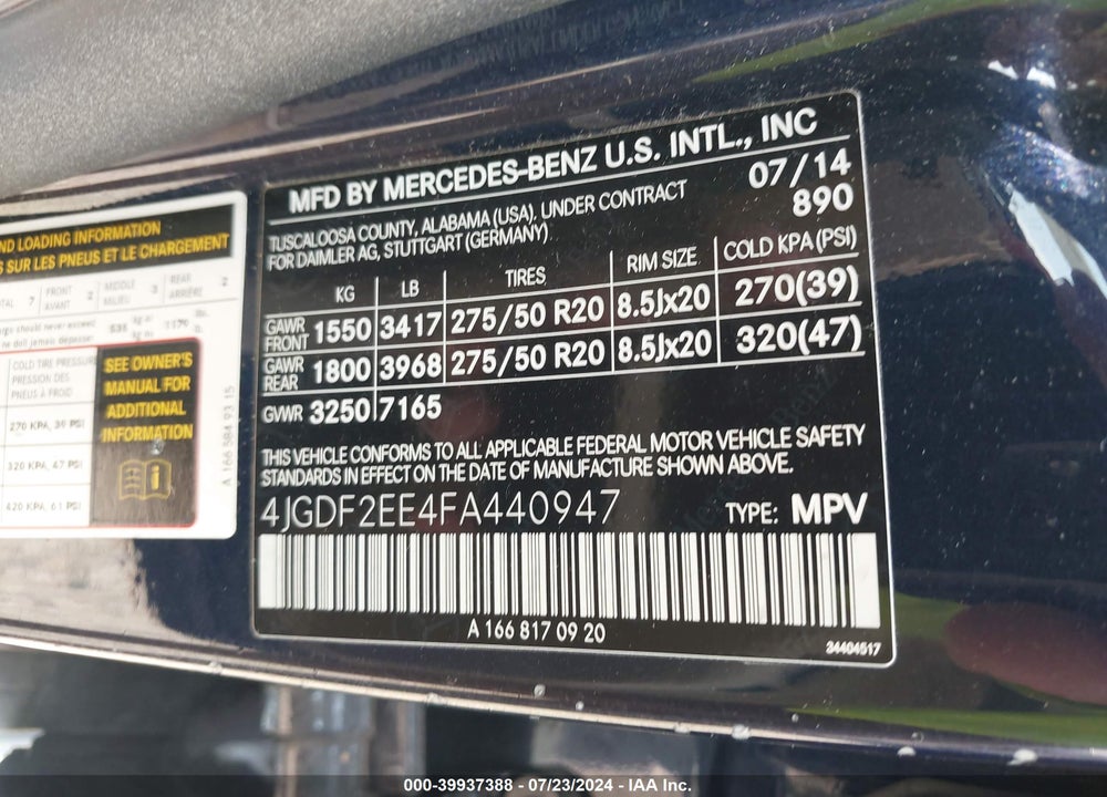 2015 MERCEDES-BENZ GL 350 BLUETEC 4MATIC VIN: 4JGDF2EE4FA440947