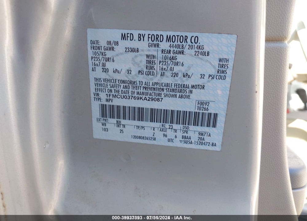 2009 FORD ESCAPE VIN: 1FMCU03769KA29087
