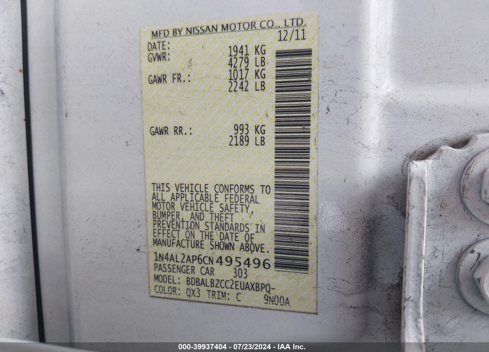 2012 NISSAN ALTIMA 2.5 S VIN: 1N4AL2AP6CN495496