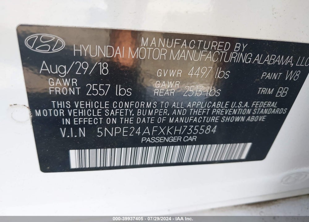2019 HYUNDAI SONATA SE VIN: 5NPE24AFXKH735584