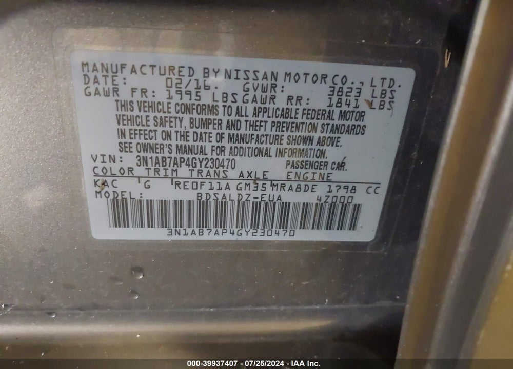 2016 NISSAN SENTRA SV VIN: 3N1AB7AP4GY230470