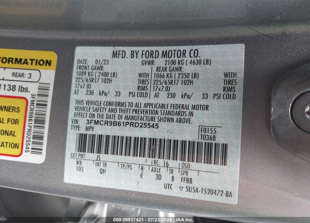 2023 FORD BRONCO SPORT BIG BEND VIN: 3FMCR9B61PRD25545