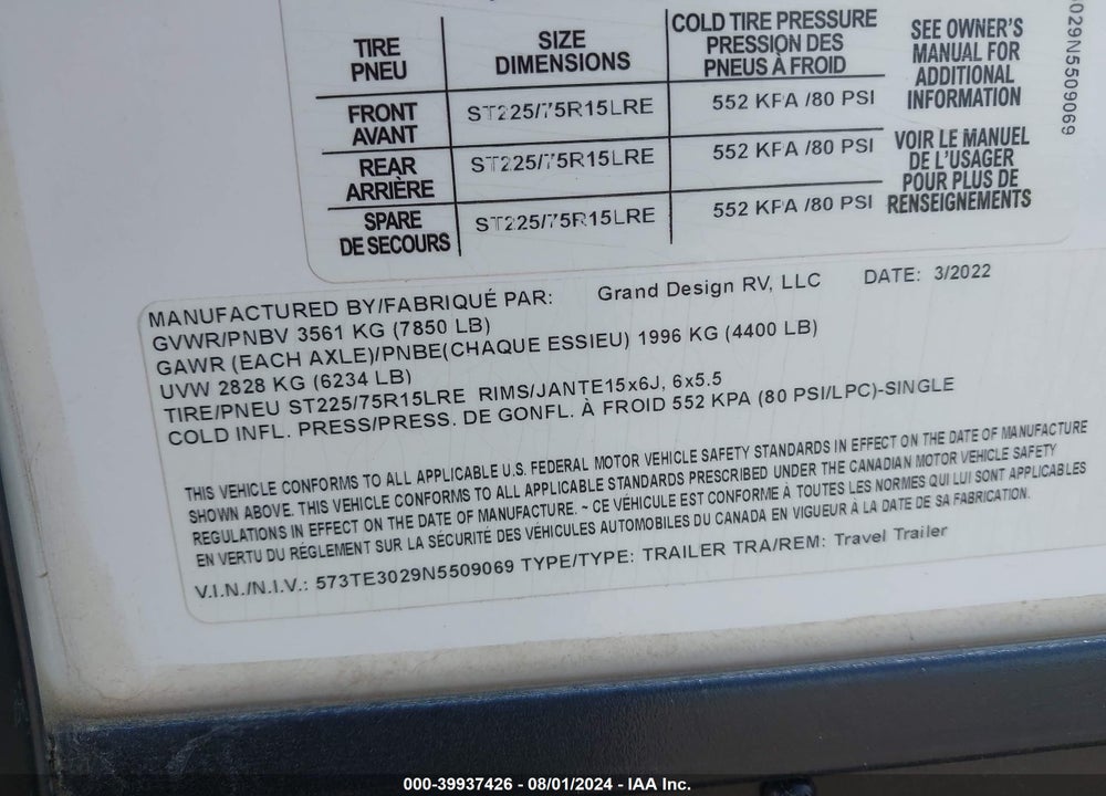 2022 GRAND DESIGN TRANSCEND VIN: 573TE3029N5509069