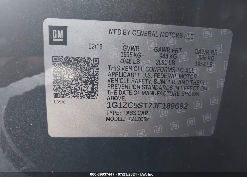 2018 CHEVROLET MALIBU 1FL VIN: 1G1ZC5ST7JF189692