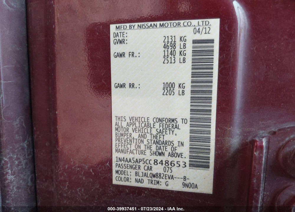 2012 NISSAN MAXIMA VIN: 1N4AA5AP5CC848653