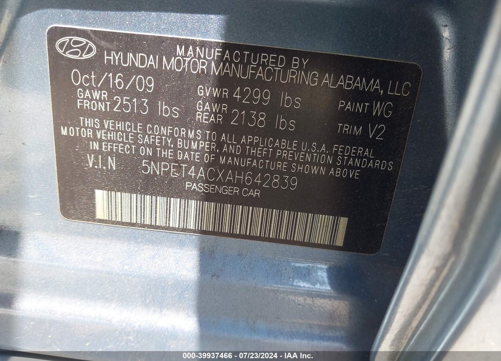2010 HYUNDAI SONATA GLS VIN: 5NPET4ACXAH642839