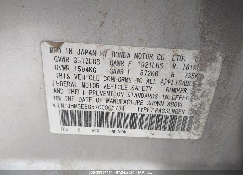2012 HONDA FIT SPORT VIN: JHMGE8G57CC002734