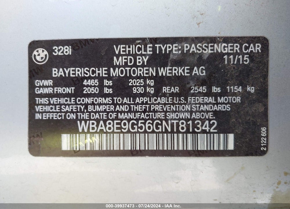 2016 BMW 328I VIN: WBA8E9G56GNT81342