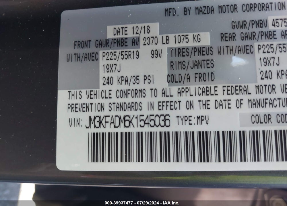 2019 MAZDA CX-5 GRAND TOURING VIN: JM3KFADM6K1545036