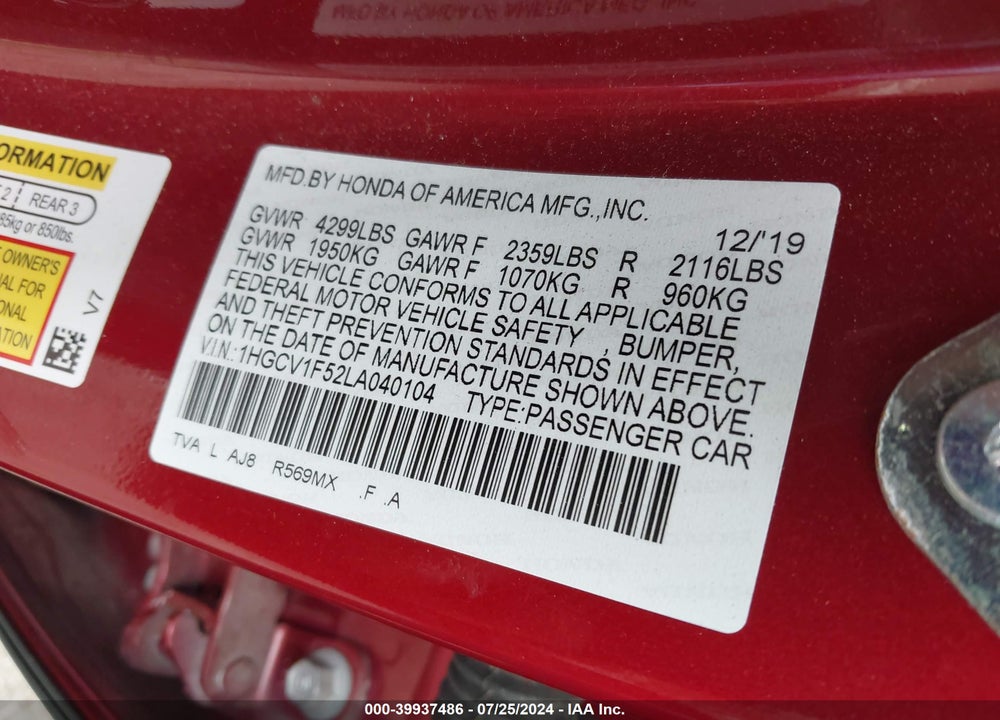 2020 HONDA ACCORD EX-L VIN: 1HGCV1F52LA040104