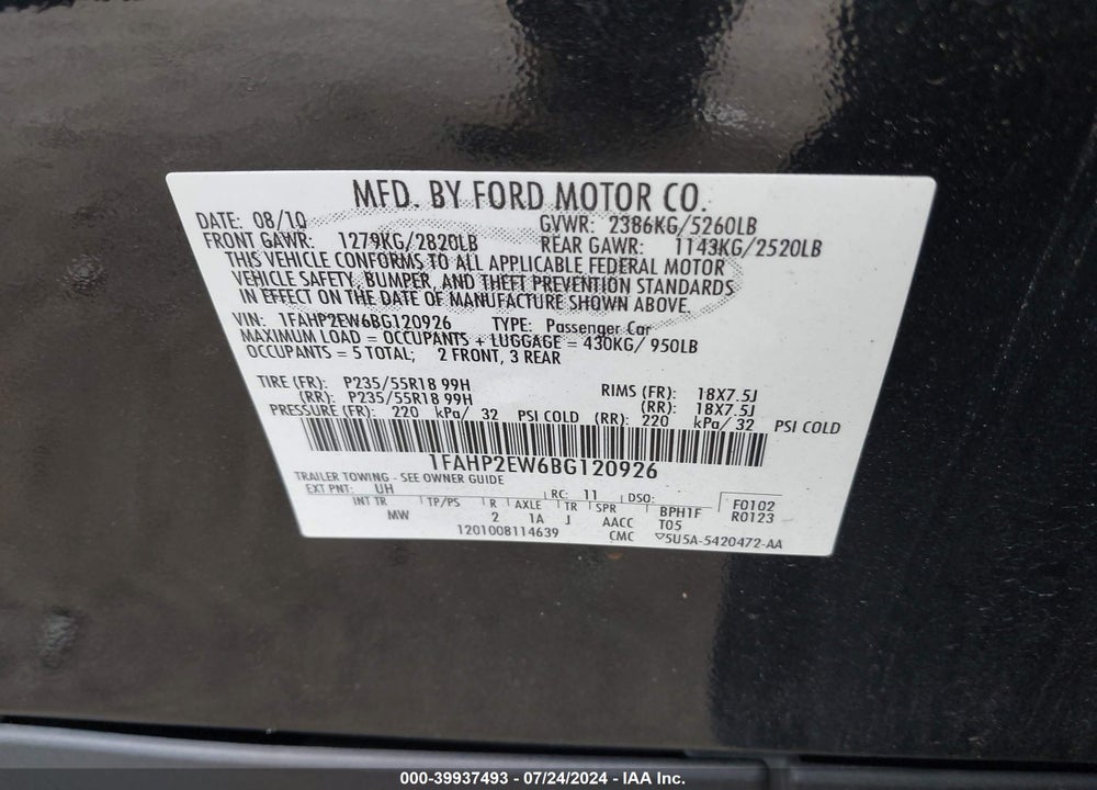 2011 FORD TAURUS SEL VIN: 1FAHP2EW6BG120926