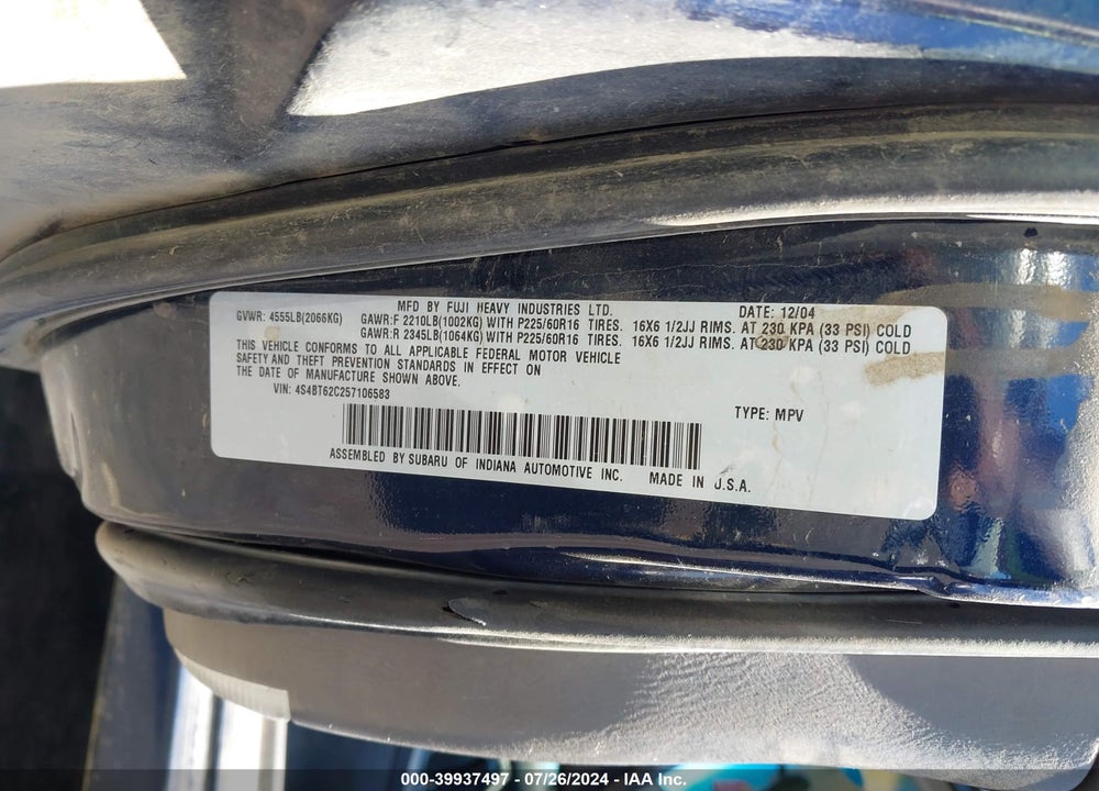 2005 SUBARU BAJA SPORT VIN: 4S4BT62C257106583