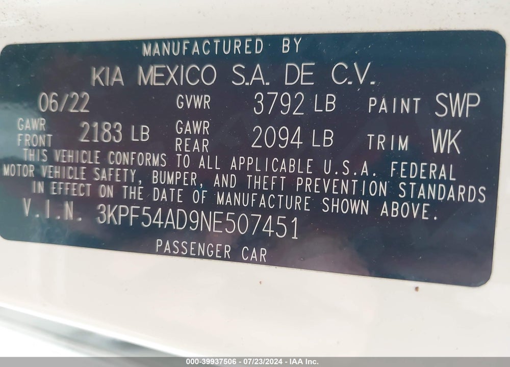 2022 KIA FORTE GT LINE VIN: 3KPF54AD9NE507451