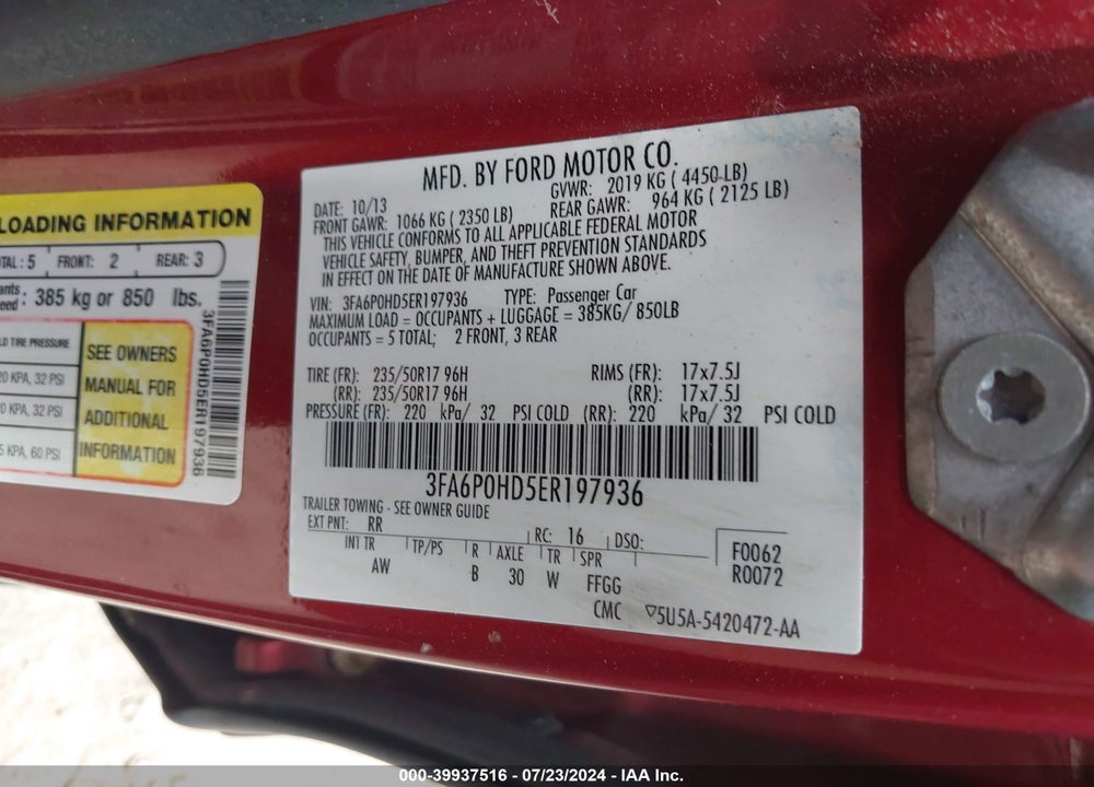 2014 FORD FUSION SE VIN: 3FA6P0HD5ER197936