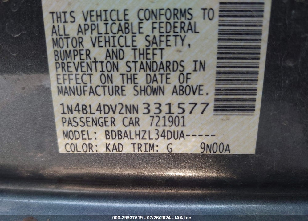 2022 NISSAN ALTIMA SV FWD VIN: 1N4BL4DV2NN331577