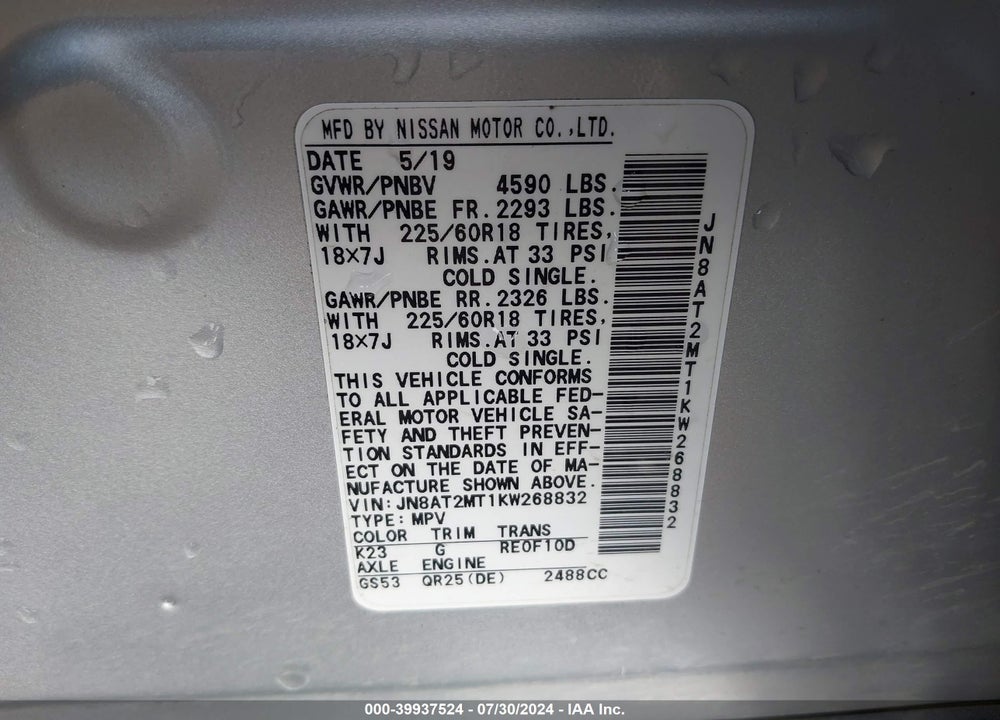 2019 NISSAN ROGUE SV VIN: JN8AT2MT1KW268832