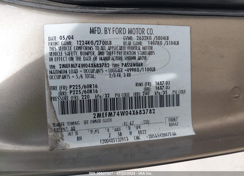 2004 MERCURY GRAND MARQUIS GS VIN: 2MEFM74W04X683782