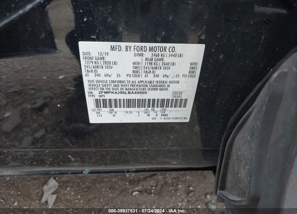 2020 FORD EDGE SEL VIN: 2FMPK4J96LBA49800