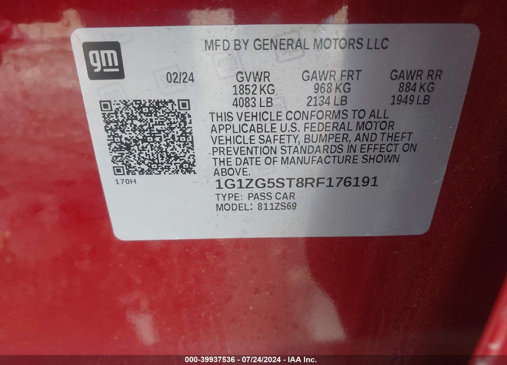 2024 CHEVROLET MALIBU RS VIN: 1G1ZG5ST8RF176191