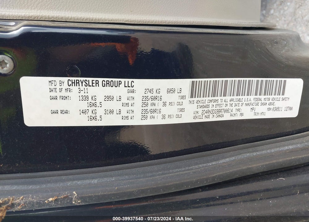 2011 DODGE GRAND CARAVAN MAINSTREET VIN: 2D4RN3DG9BR700614