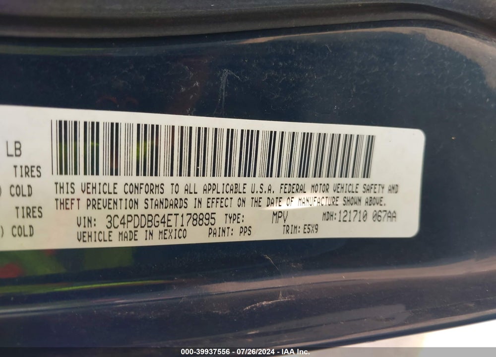 2014 DODGE JOURNEY SXT VIN: 3C4PDDBG4ET178895