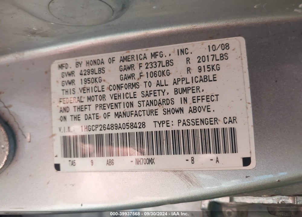 2009 HONDA ACCORD 2.4 LX VIN: 1HGCP26349A195602