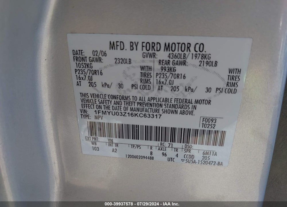 2006 FORD ESCAPE XLT VIN: 1FMYU03Z16KC63317