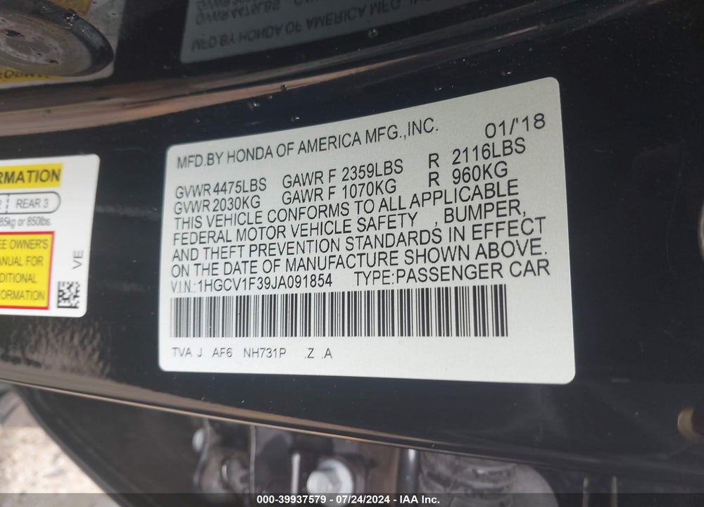 2018 HONDA ACCORD SPORT VIN: 1HGCV1F39JA091854