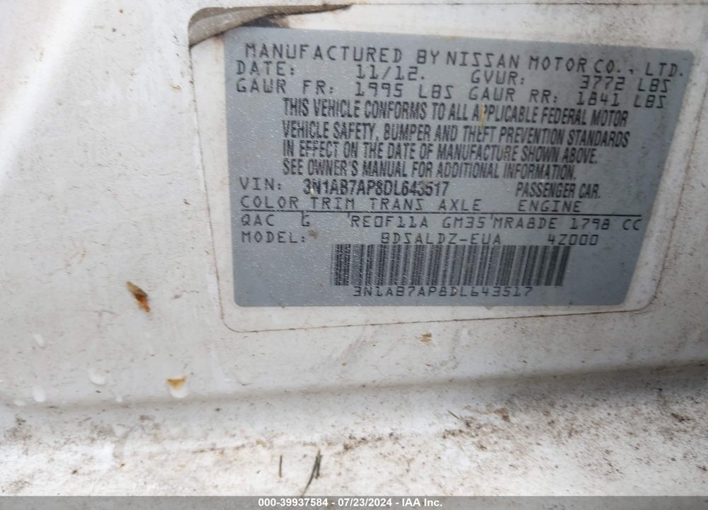 2013 NISSAN SENTRA SV VIN: 3N1AB7AP8DL643517