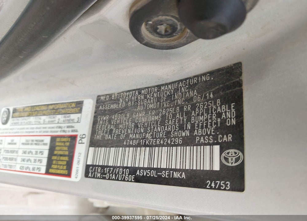 2014 TOYOTA CAMRY LE VIN: 4T4BF1FK7ER424296