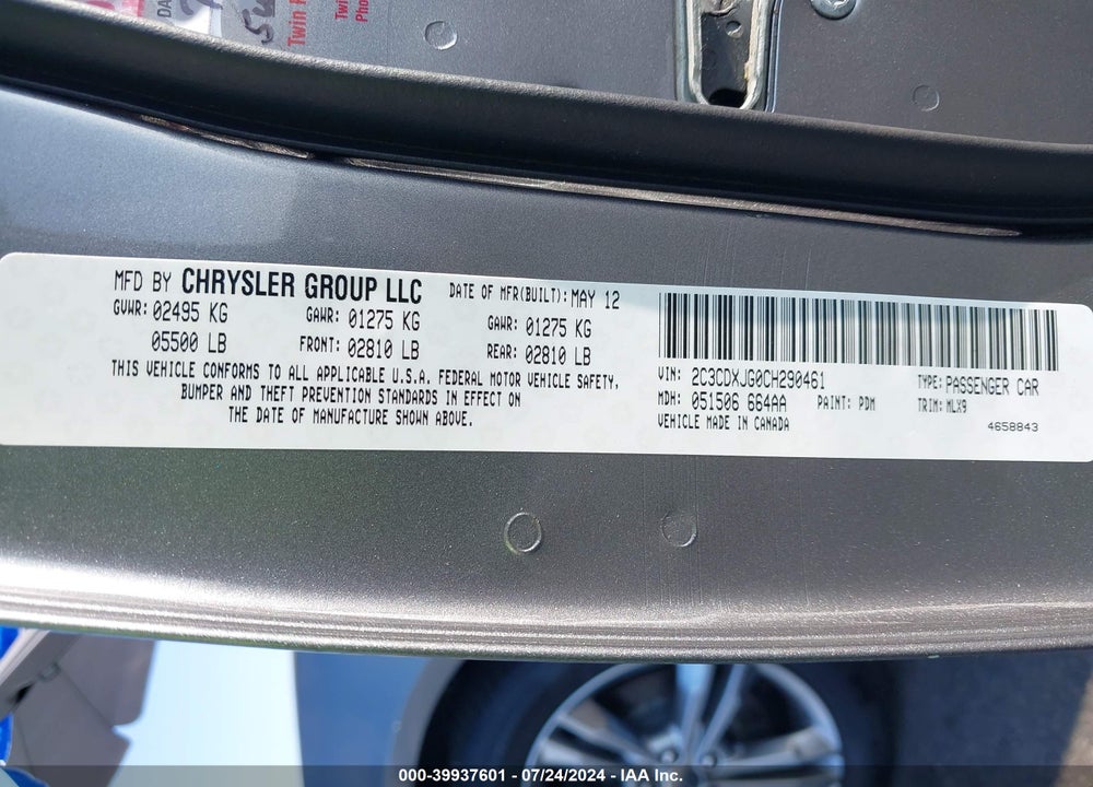 2012 DODGE CHARGER SXT VIN: 2C3CDXJG0CH290461
