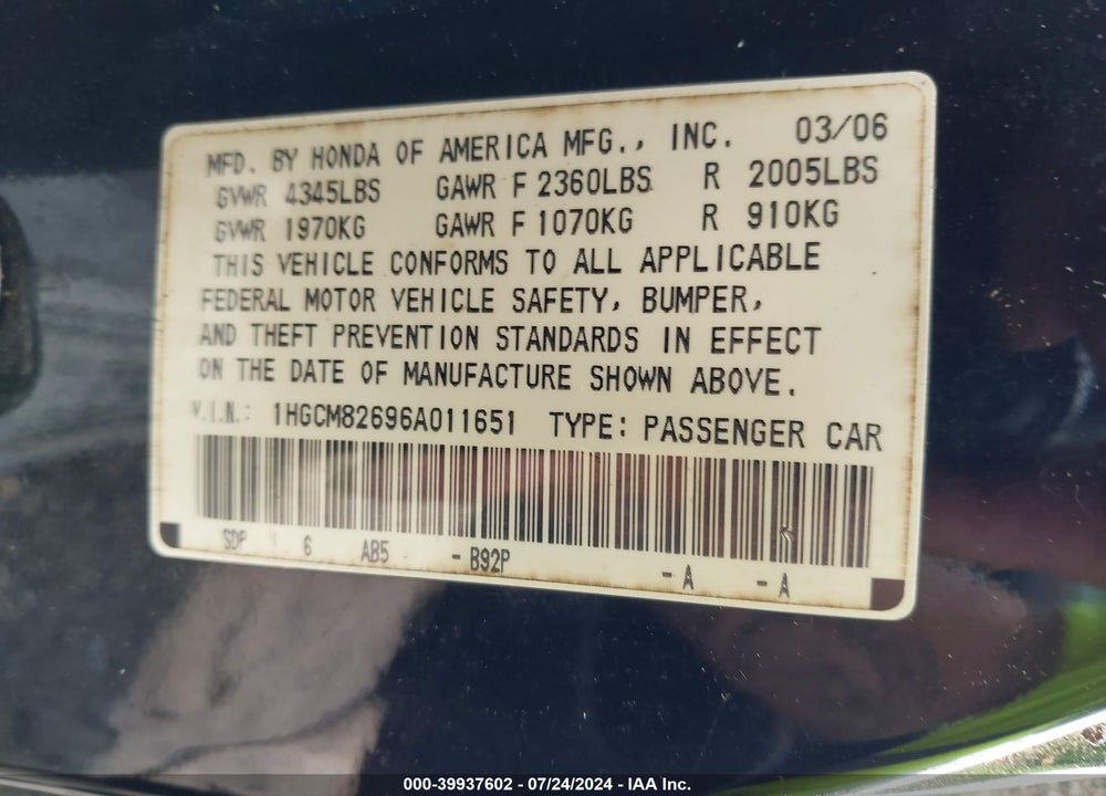 2006 HONDA ACCORD 3.0 EX VIN: 1HGCM82696A011651