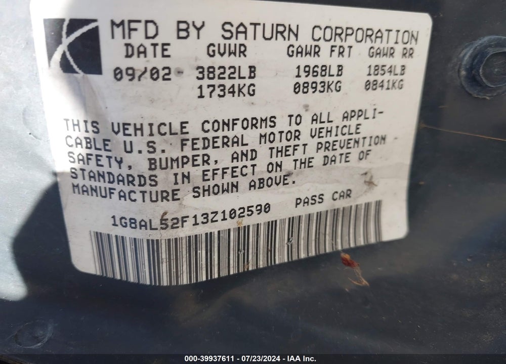 2003 SATURN ION 3 VIN: 1G8AL52F13Z102590