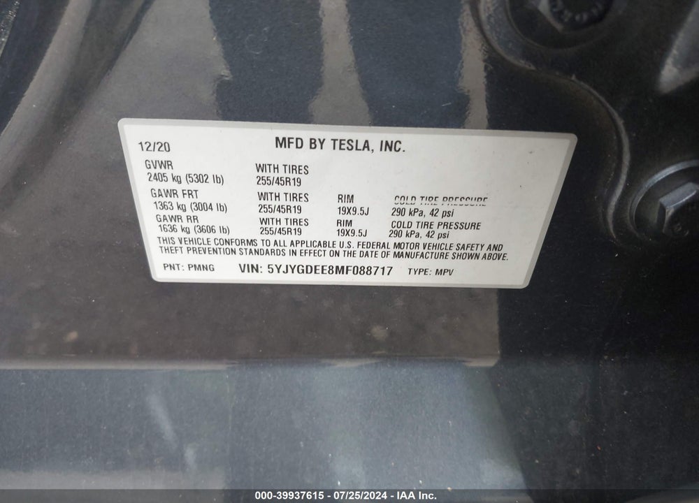 2021 TESLA MODEL Y LONG RANGE DUAL MOTOR ALL-WHEEL DRIVE VIN: 5YJYGDEE8MF088717