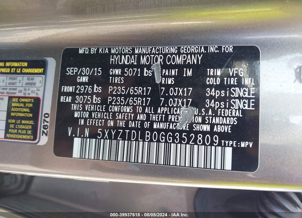 2016 HYUNDAI SANTA FE SPORT 2.4L VIN: 5XYZTDLB0GG352809