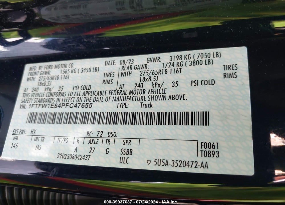 2023 FORD F-150 XLT VIN: 1FTFW1E84PFC47655
